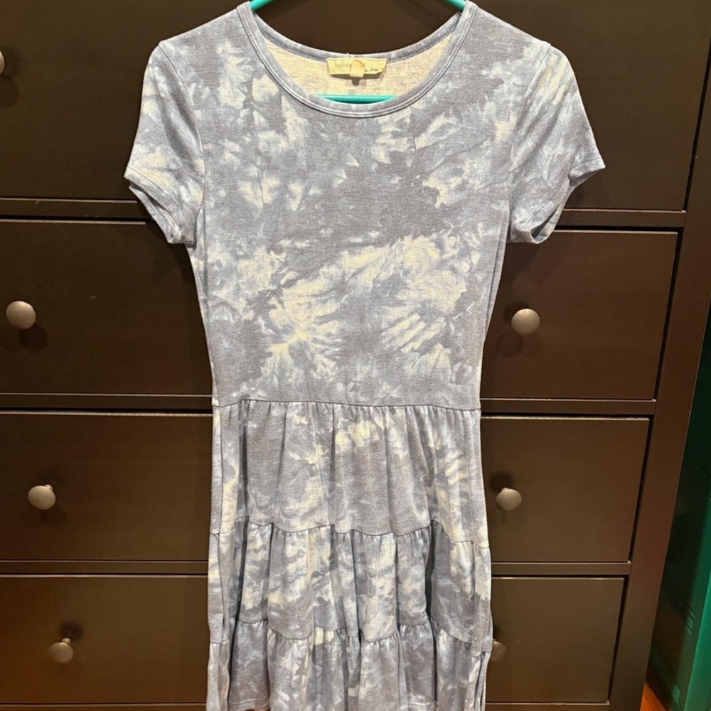 Blue and White Tie-Dye Short Sleeve Dress